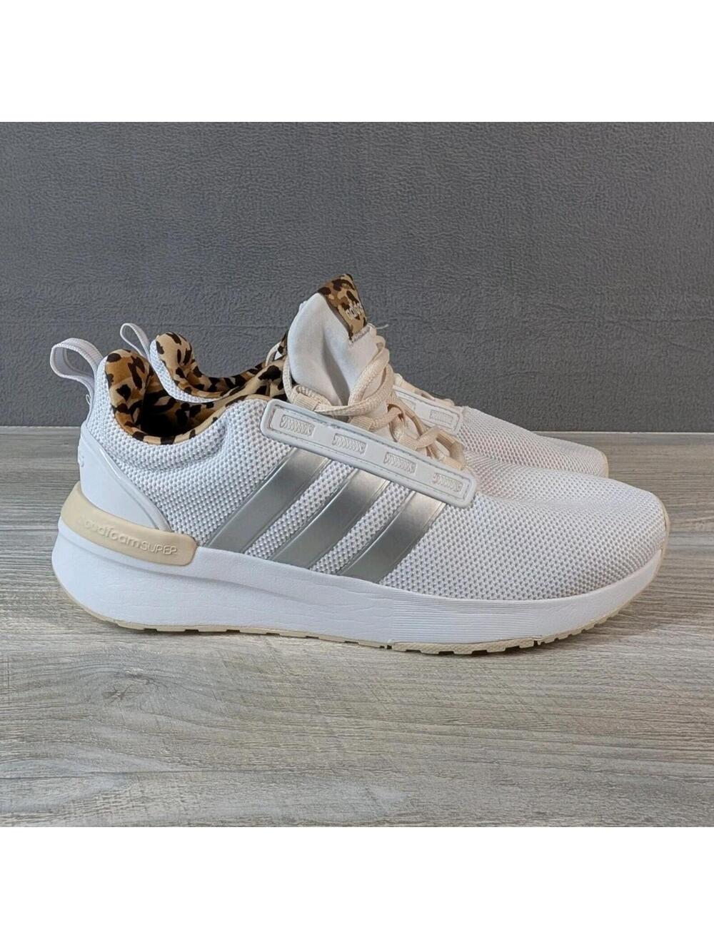 Adidas Womens 8.5 White Leopard Cloudfoam Racer Running Shoes Sneakers Mesh
